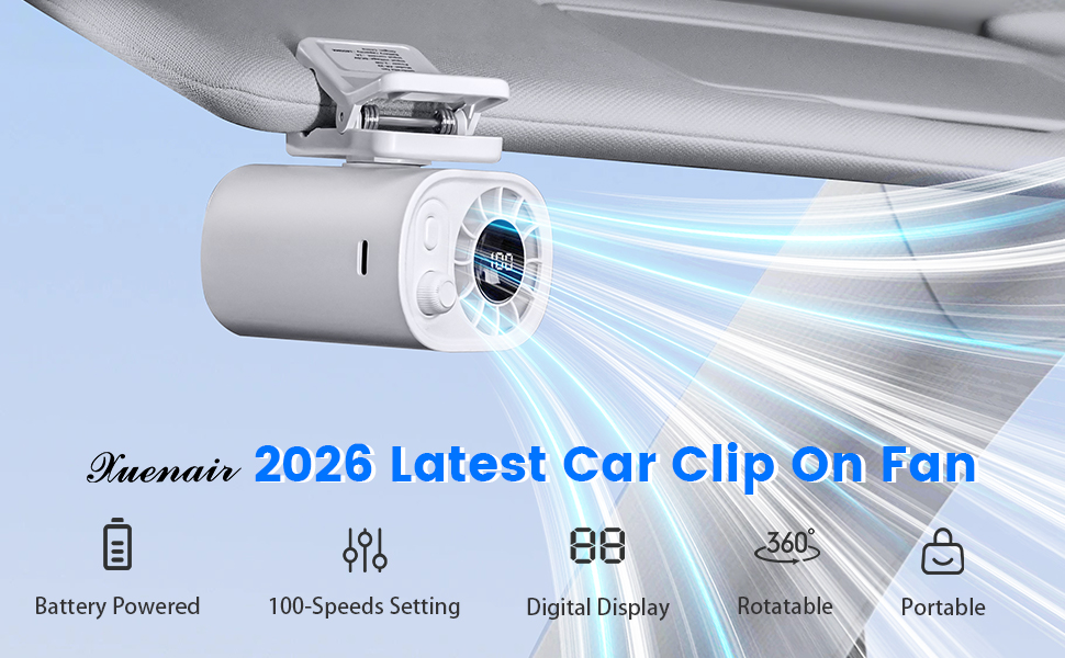 2026 Car Clip on Fan for SUV RV Van Pickup Visor Roof Handle Seat Belt