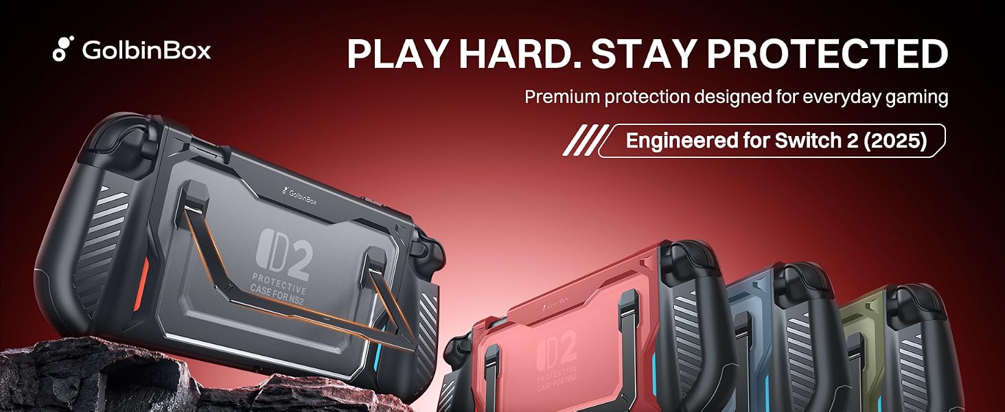 Switch 2 case with ergonomic grip design, built-in kickstand, and full-body console protection.