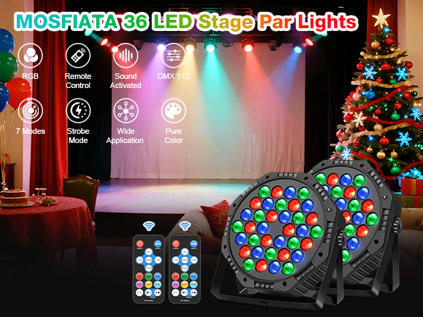 Text reads 'MCSPLATA 36 LED Stage Par Lights'. Shows stage lighting display with multiple colored beams and decorated Christmas tree.