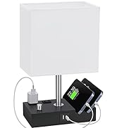 Table Lamp for Bedroom with Dual USB Ports, Kakanuo White Fully Dimmable Bedside Lamp with Phone ...