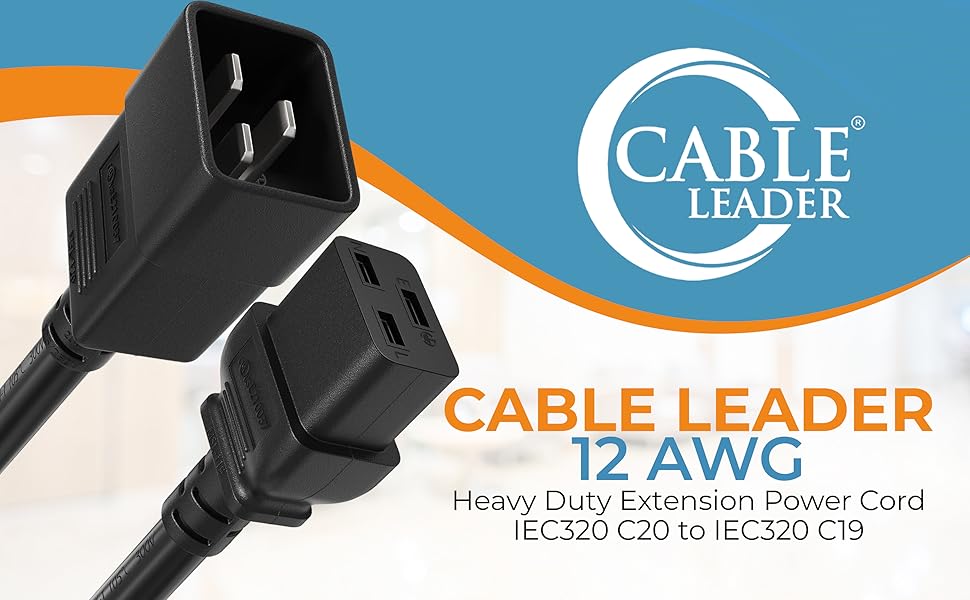 IEC320 C20 to C19 Heavy Duty Extension Power Cord, 12AWG, SJT, 20A/250V