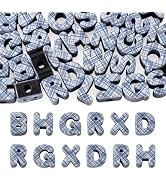 FASHEWELRY 30Pcs Marine Blue Plaid Print Chunky Letter Beads | Checkered Pattern Large Alphabet B...