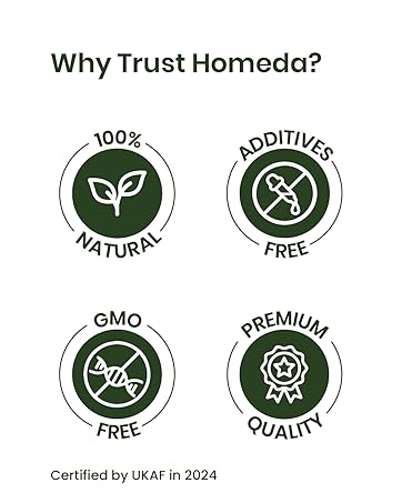 Infographic showcasing Homeda product benefits: 100% natural, additives-free, GMO-free, and premium quality. Certified by UKAF in 2024. Green circular icons with text.