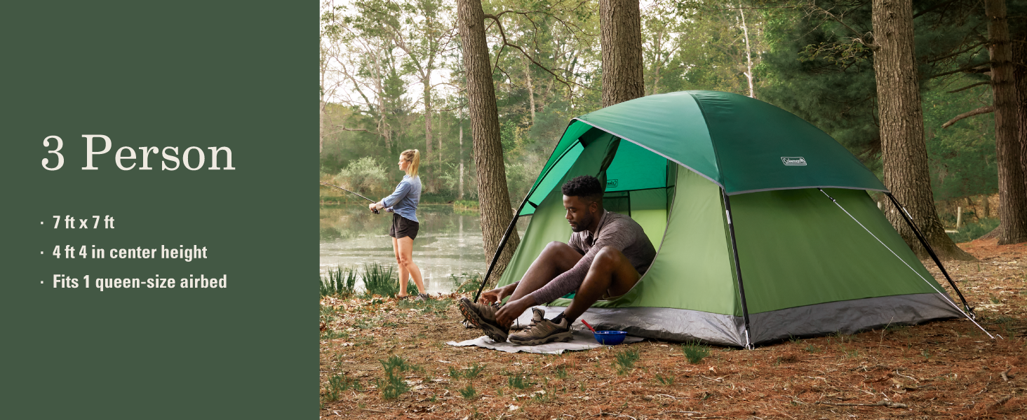 three person tent capacity height size airbed green fishing outdoor woods grass sleep easy nice fit