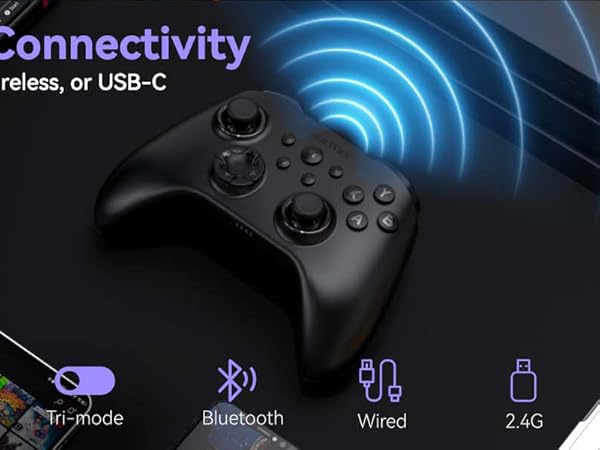 Text reads 'Tri-mode Connectivity'. Marketing image showing wireless connectivity icons for Bluetooth, 2.4G wireless, and USB-C, with blue technological interface design elements.
