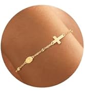 Turandoss Gold Cross Bracelets for Women - 14K Gold Plated Satellite Bead CZ Pearl Holy Mary Meda...