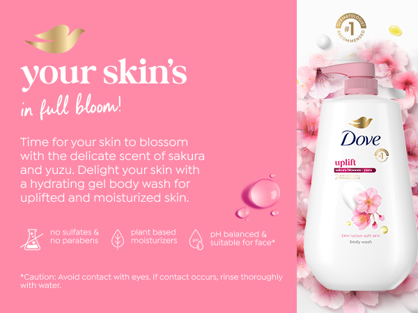 Text on pink background next to a Dove body wash bottle amid pink sakura blossoms and yuzu droplets.