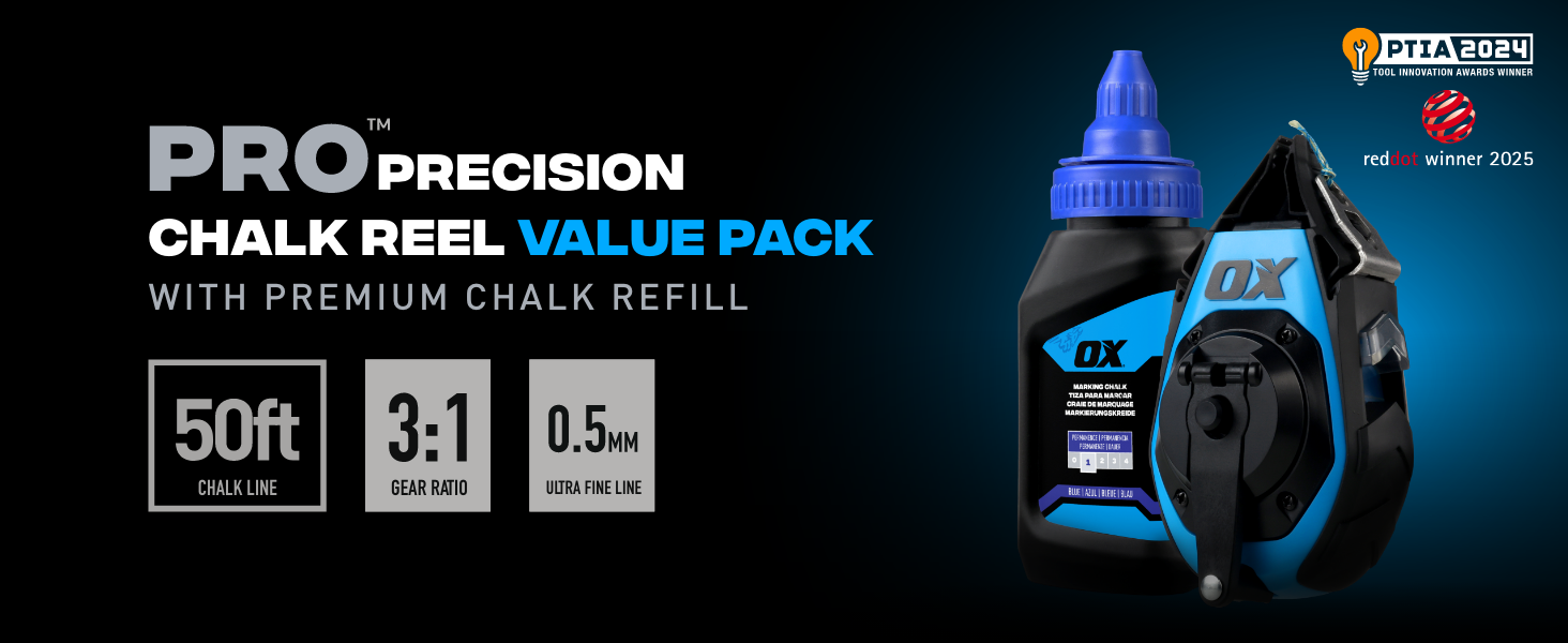 The OX Pro Aluminum Chalk Reel Value Pack with chalk refill, a 50 foot fine line and 3:1 gear ratio.