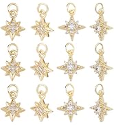 DICOSMETIC 12Pcs 2 Styles Rhinestone Star Charm Cubic Zirconia North Star Charm Brass Celestial C...