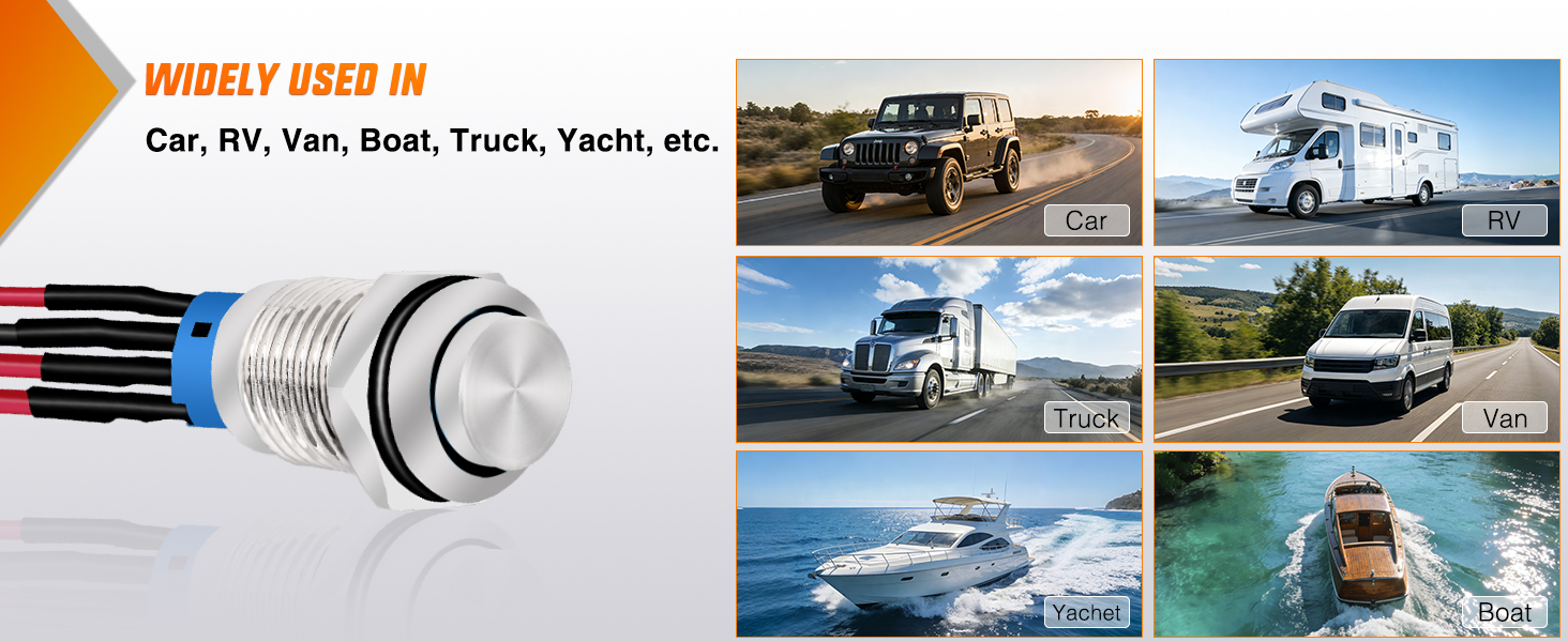 12mm Push Button Switch 5PCS with Pre Wired Harness 12V 24V Stainless Steel Self Locking