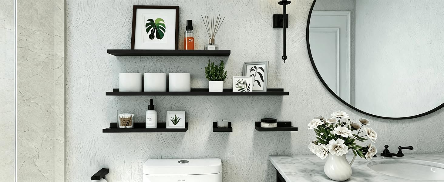 black shelves in bathroom