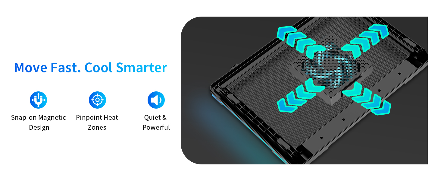 Snap-on magnetic design for pinpoint heat zones. Quiet, powerful, fast & smart cooling