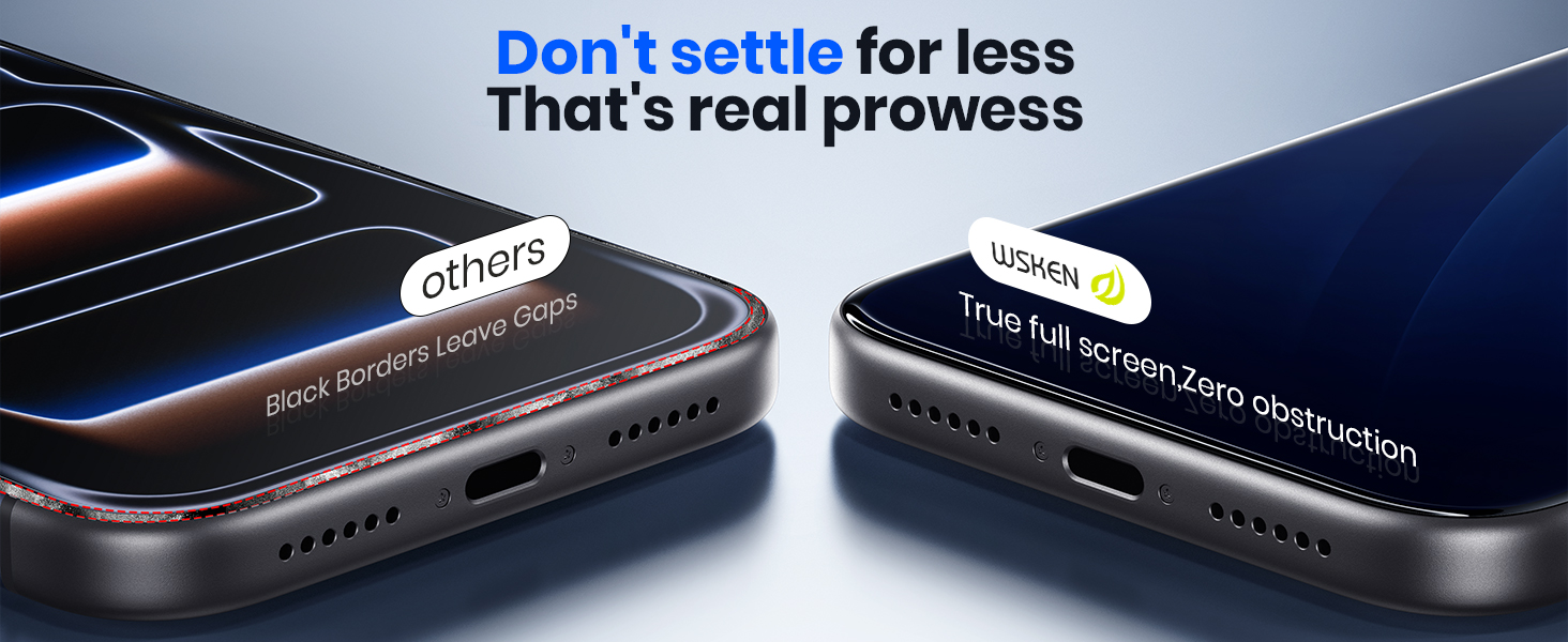 Close-up comparison showing WSKEN seamless fit vs other glass leaving visible gaps on edges.