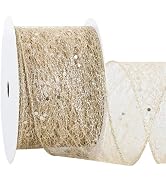 RIBBOOO Champagne Gold Glitter Mesh Wired Ribbon, 2.5 Inch 10 Yards Sparkling Fabric Ribbon for W...