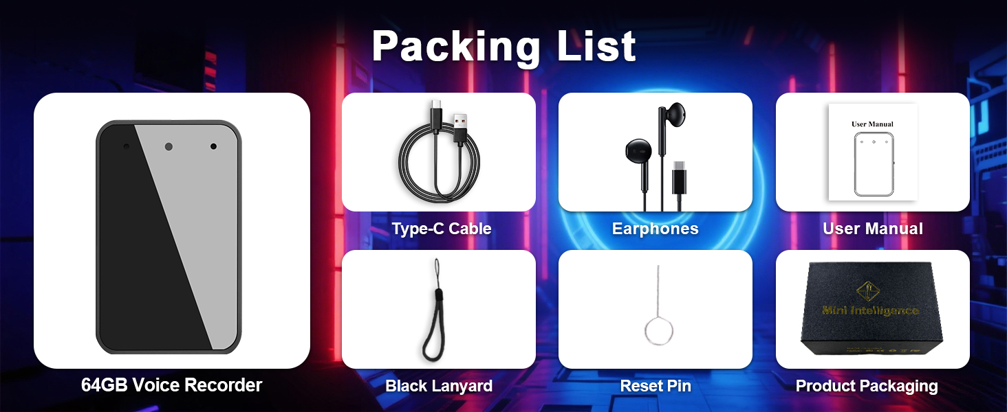 Packing for 64GB voice recorder,: USB Type-C cable, earphones, user manual, black lanyard, reset pin