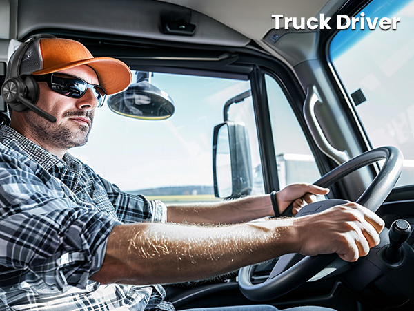 Professional truck driver in sunglasses shown from multiple angles operating a vehicle, demonstrating proper driving position and attention to the road.