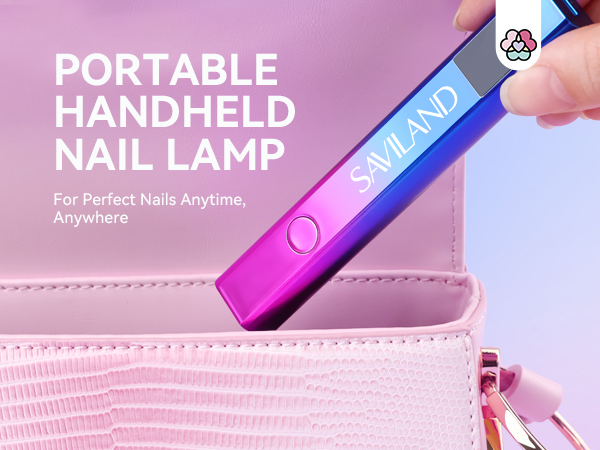 Portable handheld nail lamp in blue and pink gradient design with branding, shown against pink leather case background. Features power button and compact design.