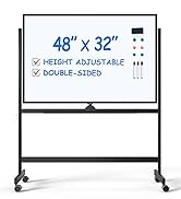 Large Dry-Erase Rolling Magnetic Whiteboard - 48 x 32 Inches White Board Height Adjust Double Sid...