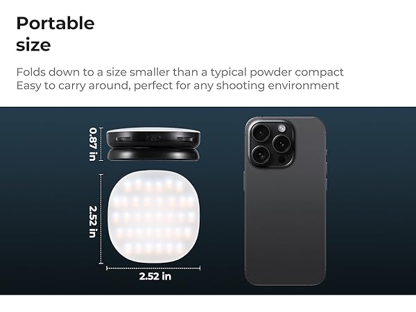 Text: 'Portable', 'Easy to carry around, perfect for any shooting environments', '2.45 in'. Product size comparison diagram showing compact device dimensions.