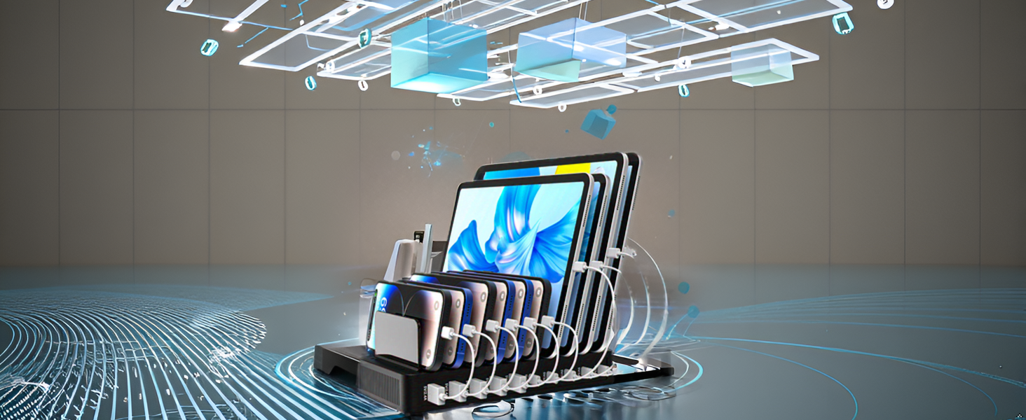 A sleek and modern charging station with multiple ports, neatly organized on a minimalist wooden sur