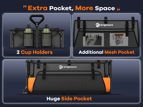 Huge side bags, side mesh bags and 2-cup brackets provide ample storage space