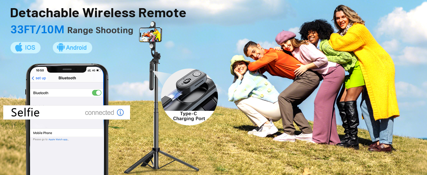 selfie stick for iphone, phone tripod stand with detachable wireless remote