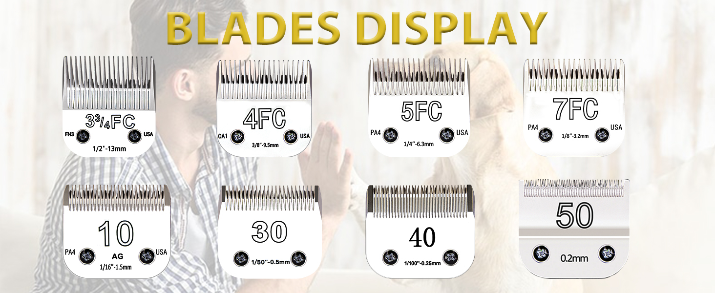 Display of eight clipper blades showing different sizes ranging from 10 to 50, arranged in two rows with measurement markings.