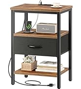SUPERJARE Nightstand with Charging Station, Bed Side Table with Adjustable Fabric Drawer, Night S...