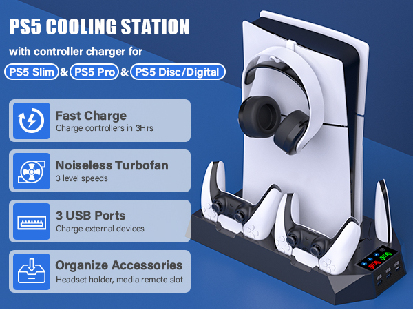 PS5 Slim Stand and Cooling Station with Dual Controller Charging Station for PlayStation 5 Console