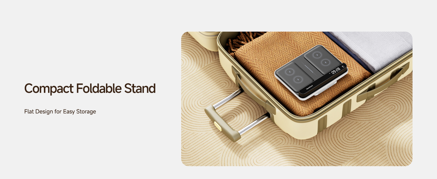 Compact foldable device stand with flat design for easy storage, shown on beige textured surface with folding mechanism visible.