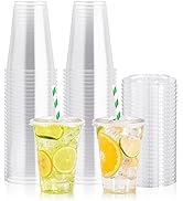 JOLLY PARTY 100Pack 16 oz Clear Plastic Cups With Flat Lids, Disposable Clear Cups with Straw Slo...