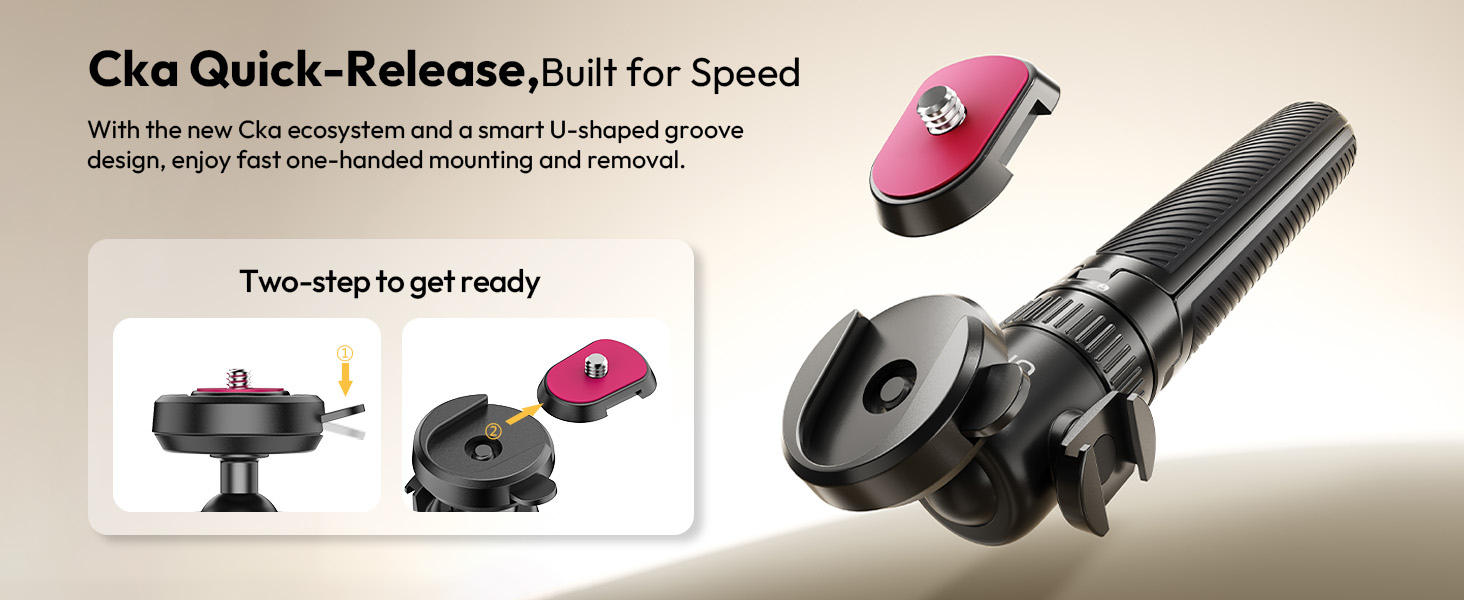 Text reads 'Cka Quick-Release, Built for Speed'. Product demonstration showing various components and assembly steps of a mounting system with pink and black parts.