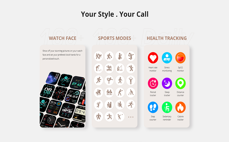 Smartwatch interface display showing multiple watch faces, sports activity modes, and health tracking icons with colorful menu screens