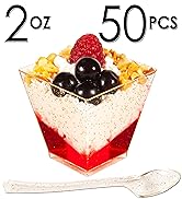 DLux 50 x 2 oz Square Mini Dessert Cups with Spoons, Gold Glitter Clear Plastic Parfait Appetizer...