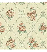 HeloHo Peel and Stick Wallpaper Yellow Grid Wall Paper Red Floral Green Leaf Vintage Self Adhesiv...