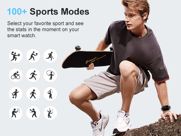 Smartwatch advertisement showcasing 100+ sports modes. Image displays various sport icons and a person wearing the watch while exercising outdoors. Text highlights real-time stat tracking feature.