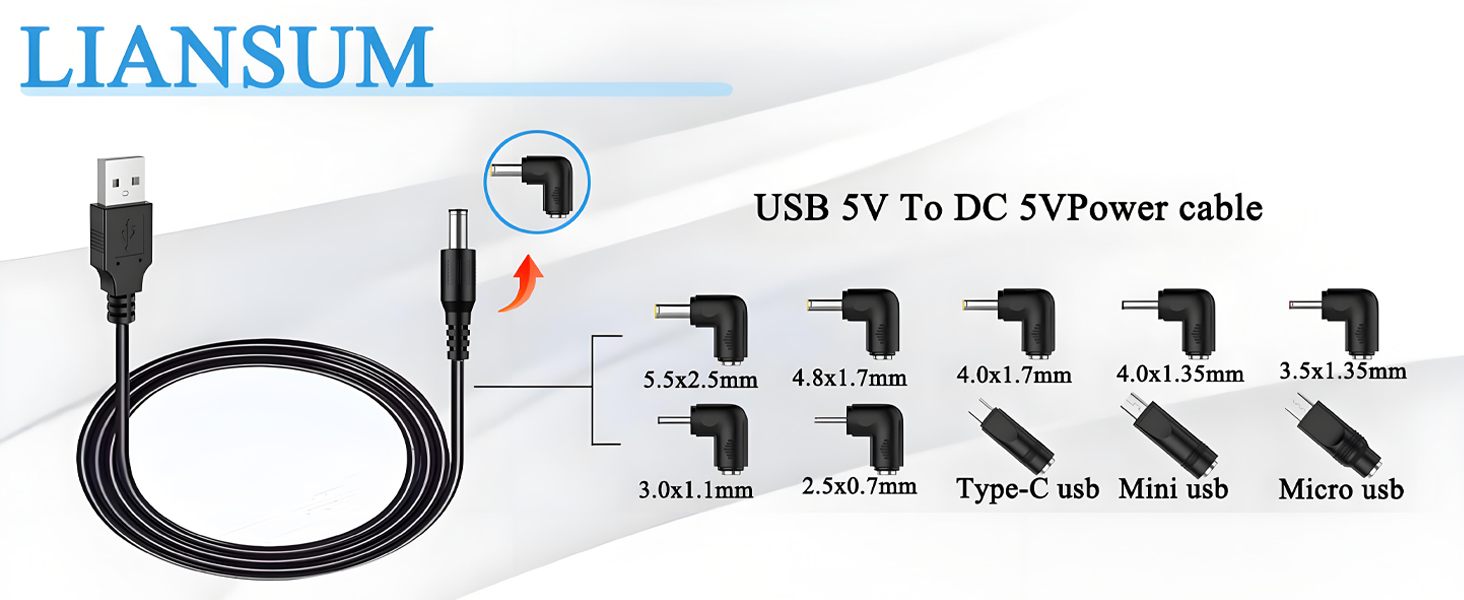 USB to multi-tip power cable with 5 interchangeable DC connectors. Cable features USB-A to 5.5x2.5mm plug, with adapters for 4.8x1.7mm, 4x1.7mm, 4x1.35mm, and 3.5x1.35mm tips.