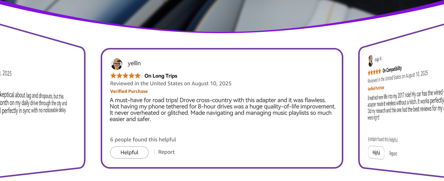 Customer reviews showing positive experience with wireless CarPlay adapter for iPhone