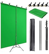JEBUTU 5X6.5ft Green Screen Backdrop Kit with T-Shape Stand, Portable Green Screen Background Sup...