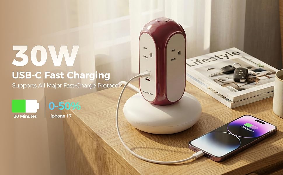 30W USB-C fast charging tower power strip with surge protector, charges phones 0-50% in 30 minutes.