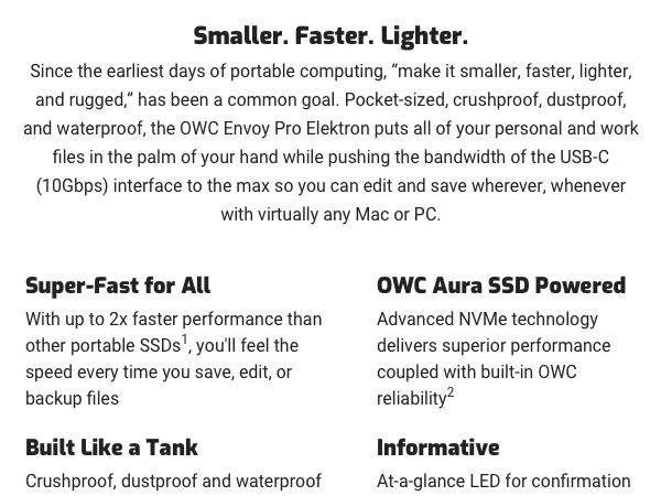 Pocket-sized, crushproof, dustproof, and waterproof, USB-C (10Gbps) interface, For Mac and PC