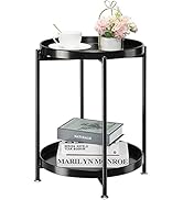 danpinera 2-Tier Round Side Table, Metal End Table with Removable Tray, Small Outdoor Table Foldi...