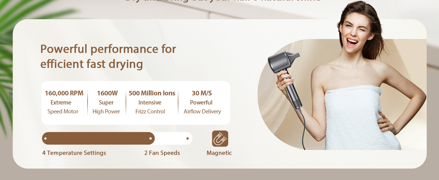 Text reads 'Powerful performance for efficient fast drying', '340,000 RPM', '1300W', '+50 million ions', '50 °C smart heat', '3 temperature settings'. Woman holding black and brown hair dryer against beige background with product specifications.