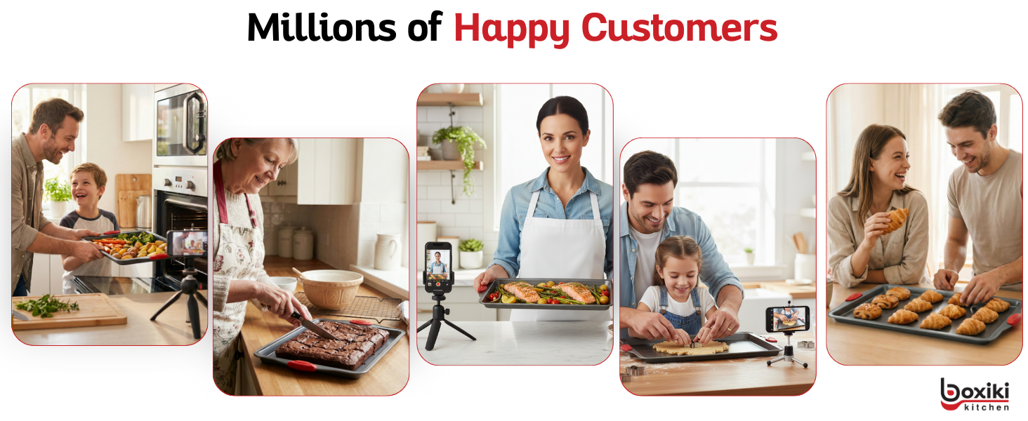 Collage of home cooks using baking sheets for meals, desserts, and pastries