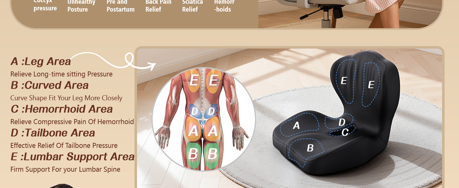 Benazcap Memory Foam Seat Cushion with Lumbar Support Pillow for Office Chair