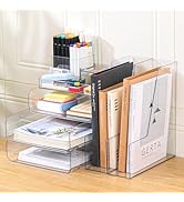 CiWiVOKi Desk Organizer with 2 Vertical File Holder, 4 Tier Stackable Paper Letter Tray File Orga...