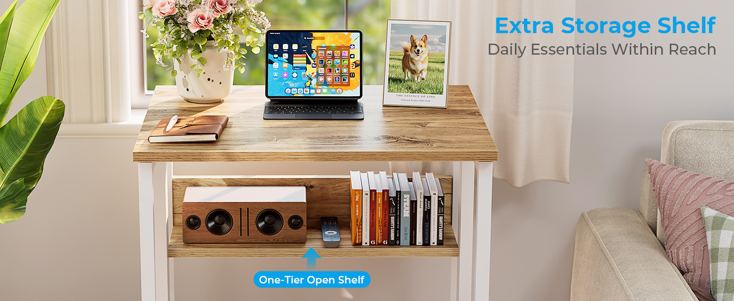 Text reads 'Extra Storage Shelf'. Wooden console table with built-in wine rack and storage shelf, styled in home setting with laptop and plants.