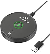 Black circular USB microphone or audio device with green LED indicator light and control button. Connected via USB cable.