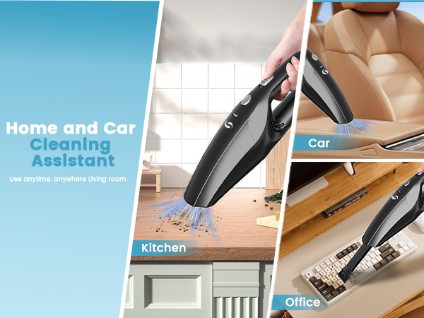 Handheld vacuum cleaner shown in multiple settings: kitchen countertop, car interior, and office desk. Device has a sleek black design with attachments for versatile cleaning.