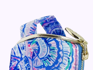 lilly pulitzer pencil pouch gold details zipper logo plaque carrying handle travel on the go